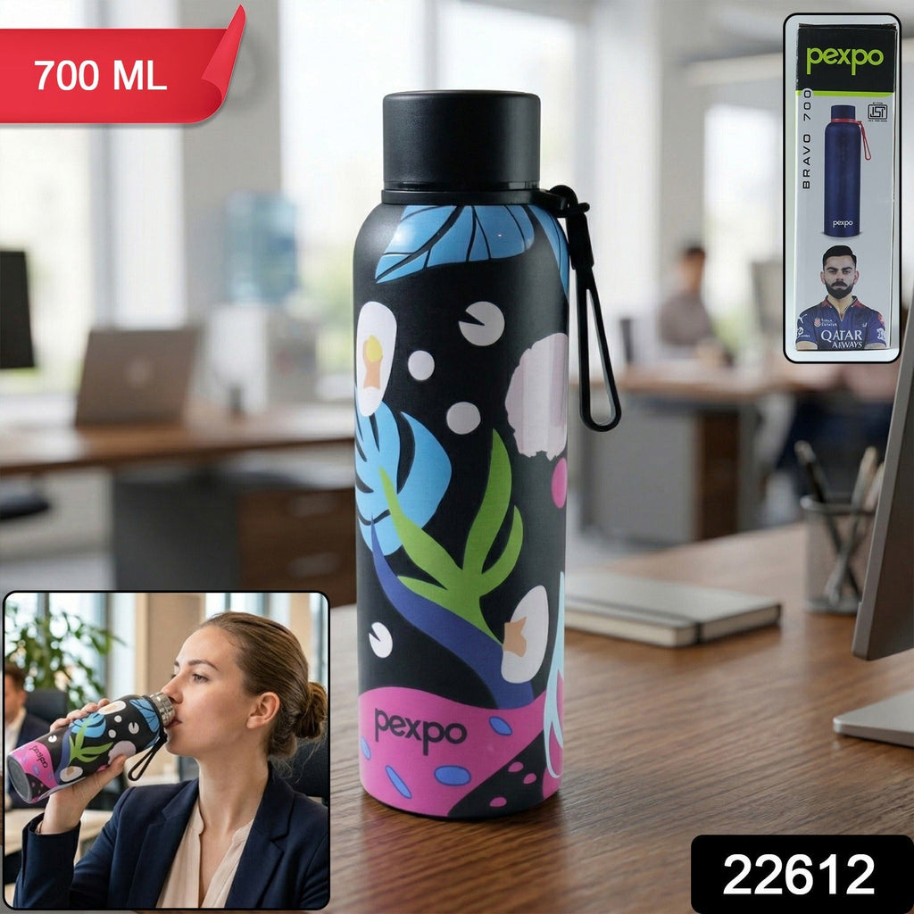 Close-up of stylish printed stainless steel water bottle