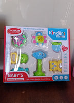Aditi's non-toxic Baby Rattle & Teething Set neatly packaged in a gift box