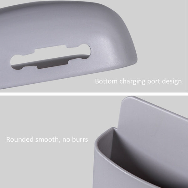 Detailed view of the wall mounted charging stand with cable slot.