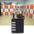 Portable combination padlock displayed with its resettable code dial.