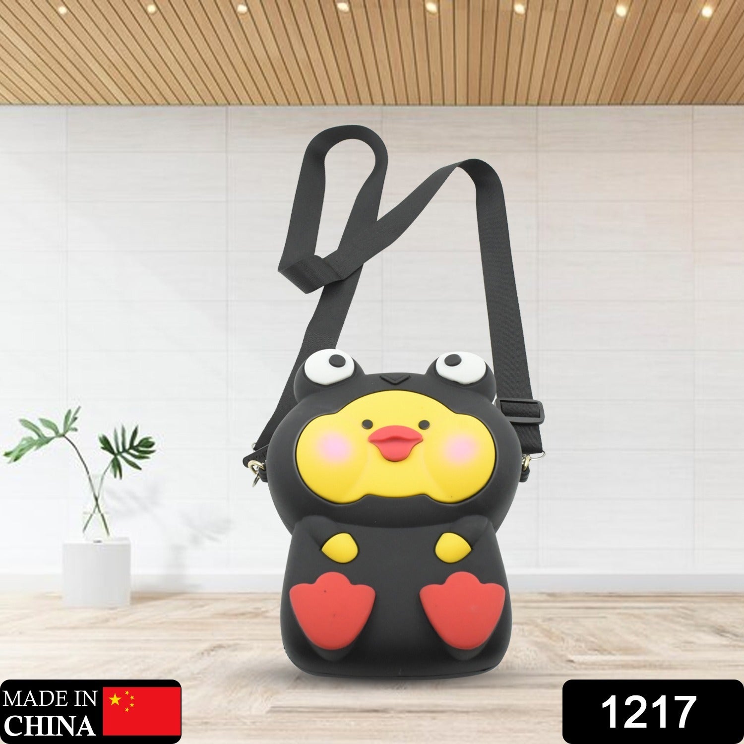 A happy girl wearing the cute children's purse, demonstrating its ideal size and stylish look for everyday use.