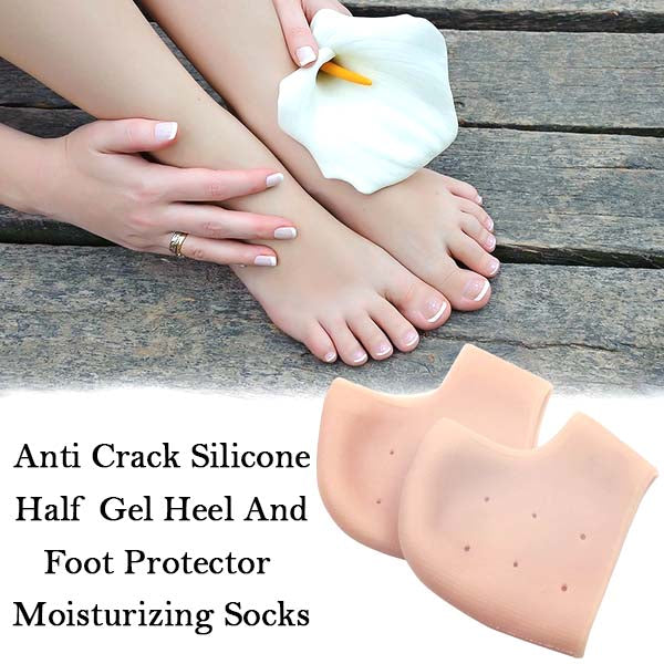 Multiple pairs of silicone heel protector socks displayed.