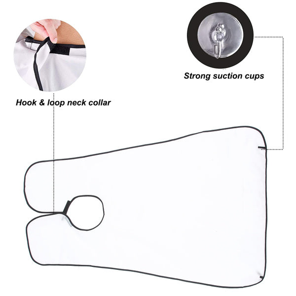 Man demonstrating the adjustable fit of the beard trimming apron for comfortable use.