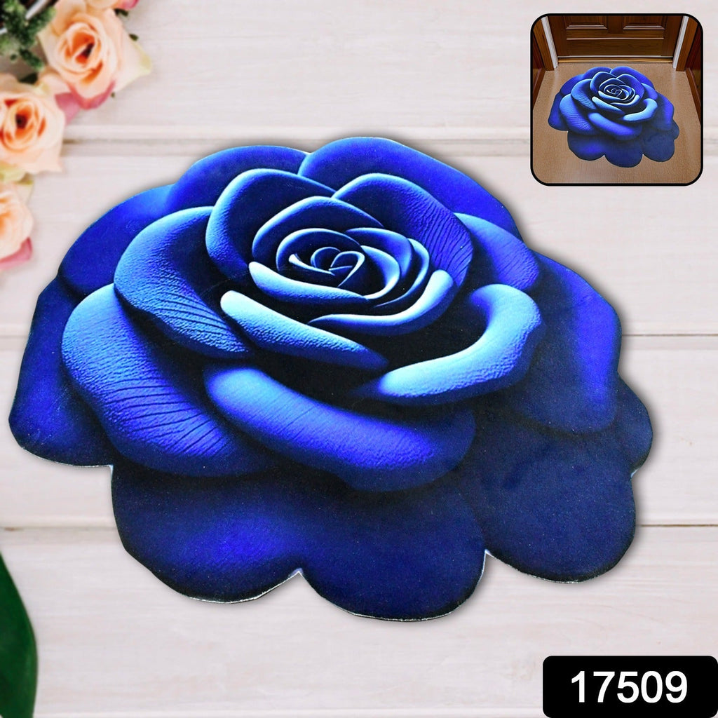 Close-up view of rose shaped anti-slip velvet floor mat showcasing blue floral design
