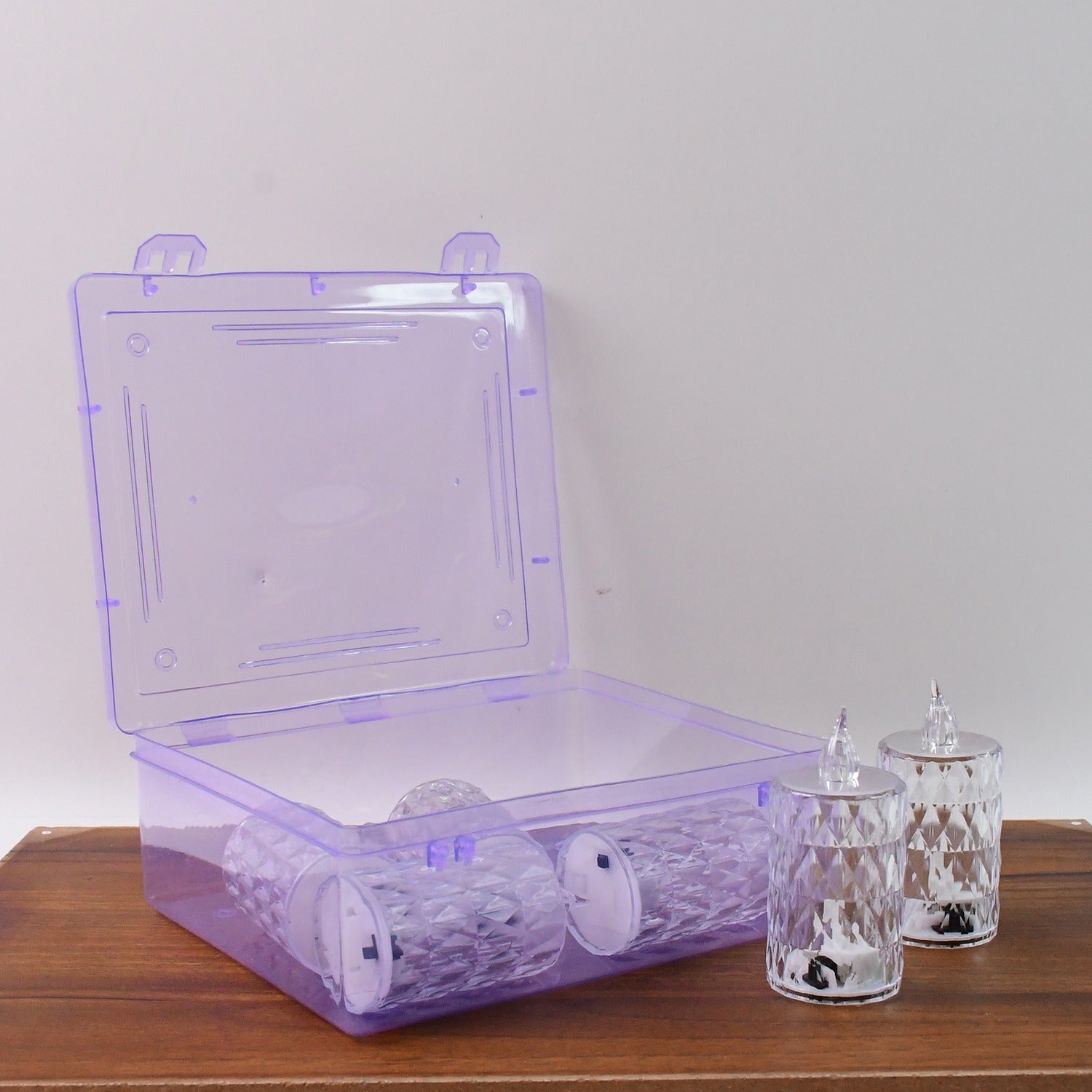 Set of six LED crystal flameless candles displayed for festive décor