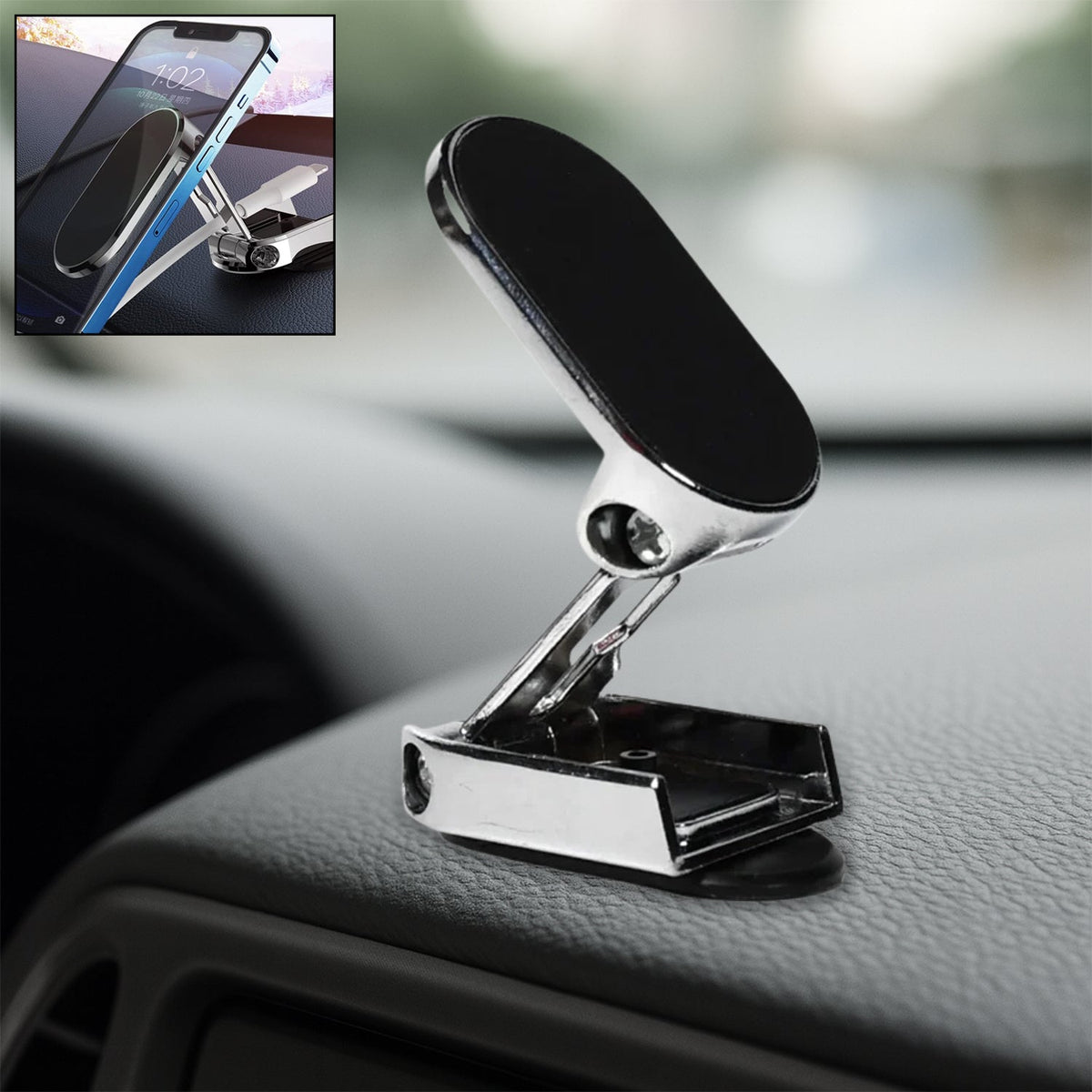 A 360° rotating magnetic car phone holder made of metal, shown on a car dashboard.
