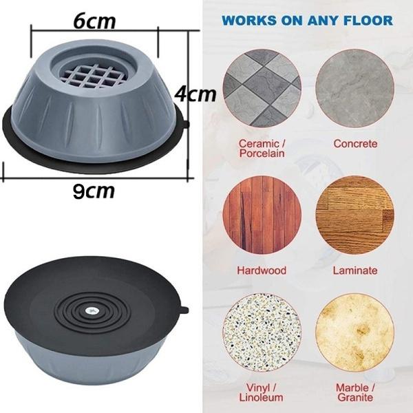 Diagram showing easy installation steps for the anti-vibration pads under an appliance foot.