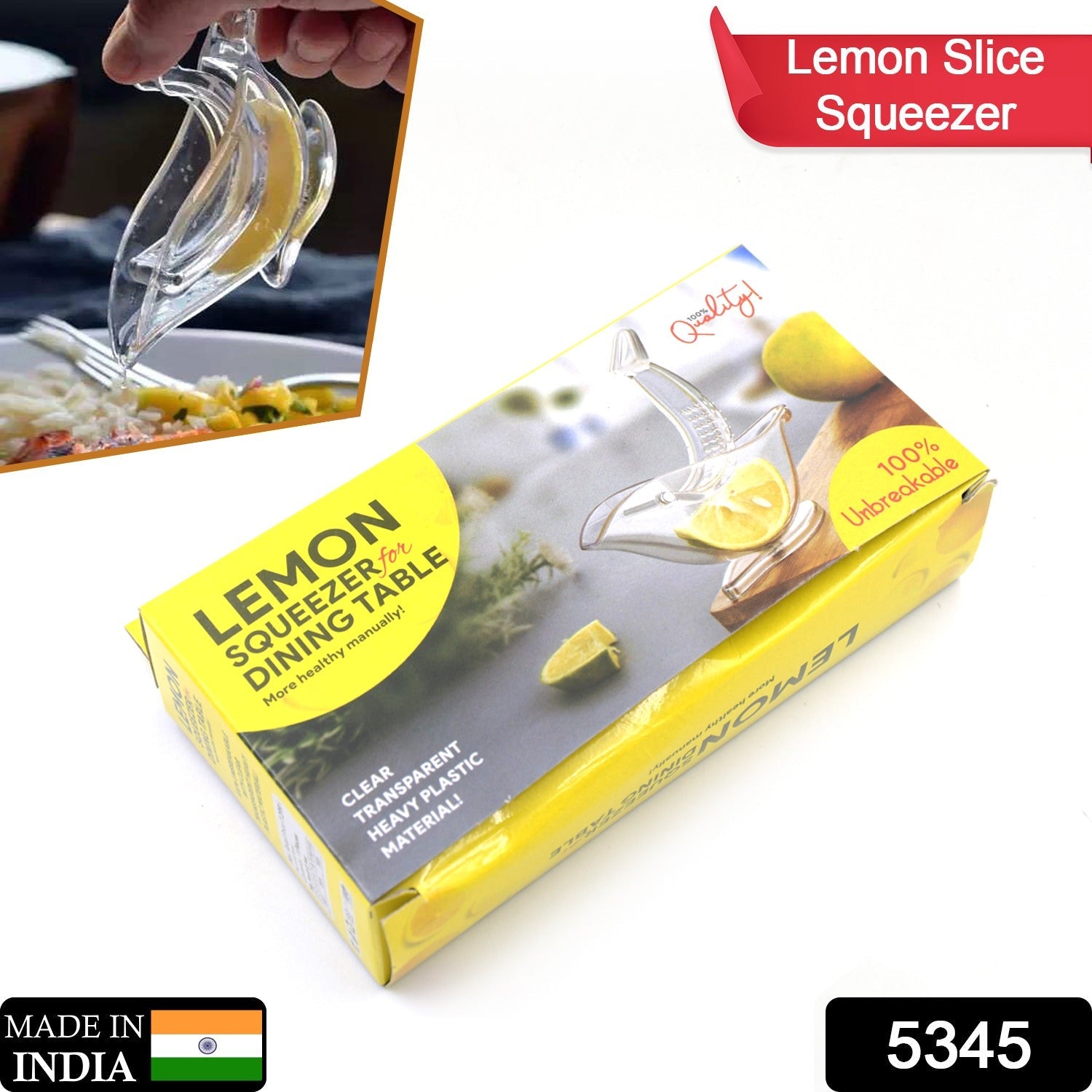 Clear manual fruit juicer effortlessly extracting juice from a lemon.