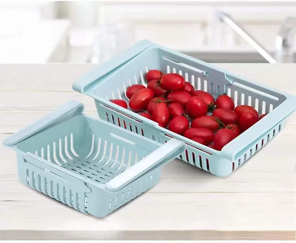 Vibrant, multi-color fridge storage baskets arranged neatly, ready for use.