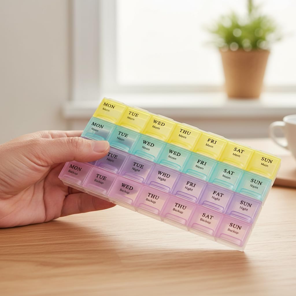 Pastel-colored weekly pill organizer featuring 28 compartments for seven days of medication.