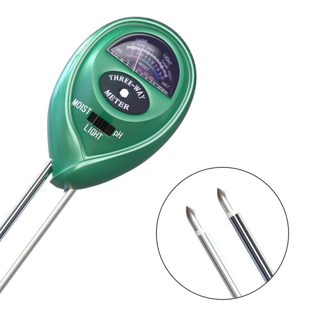 Ergonomic green 3-in-1 soil moisture sensor device, ready for use.