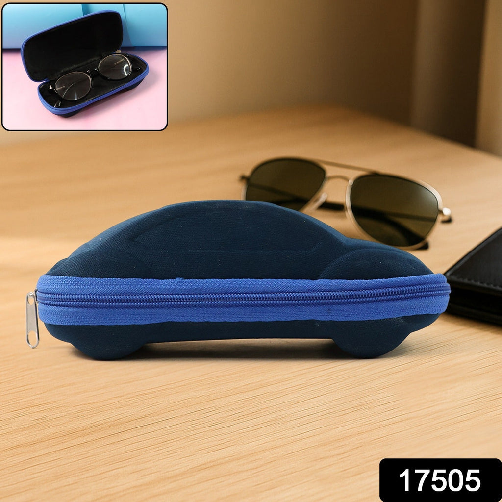 Portable cartoon car sunglasses box in use showing zipper closure