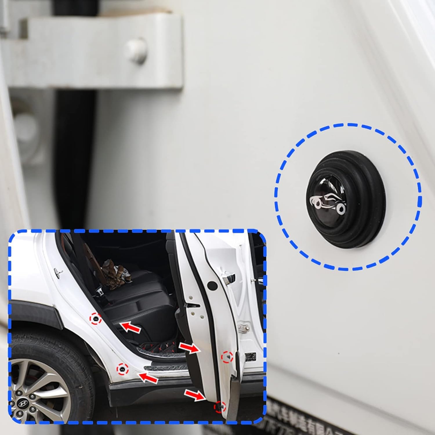 Car door protector discreetly installed on a car door edge to prevent dents.