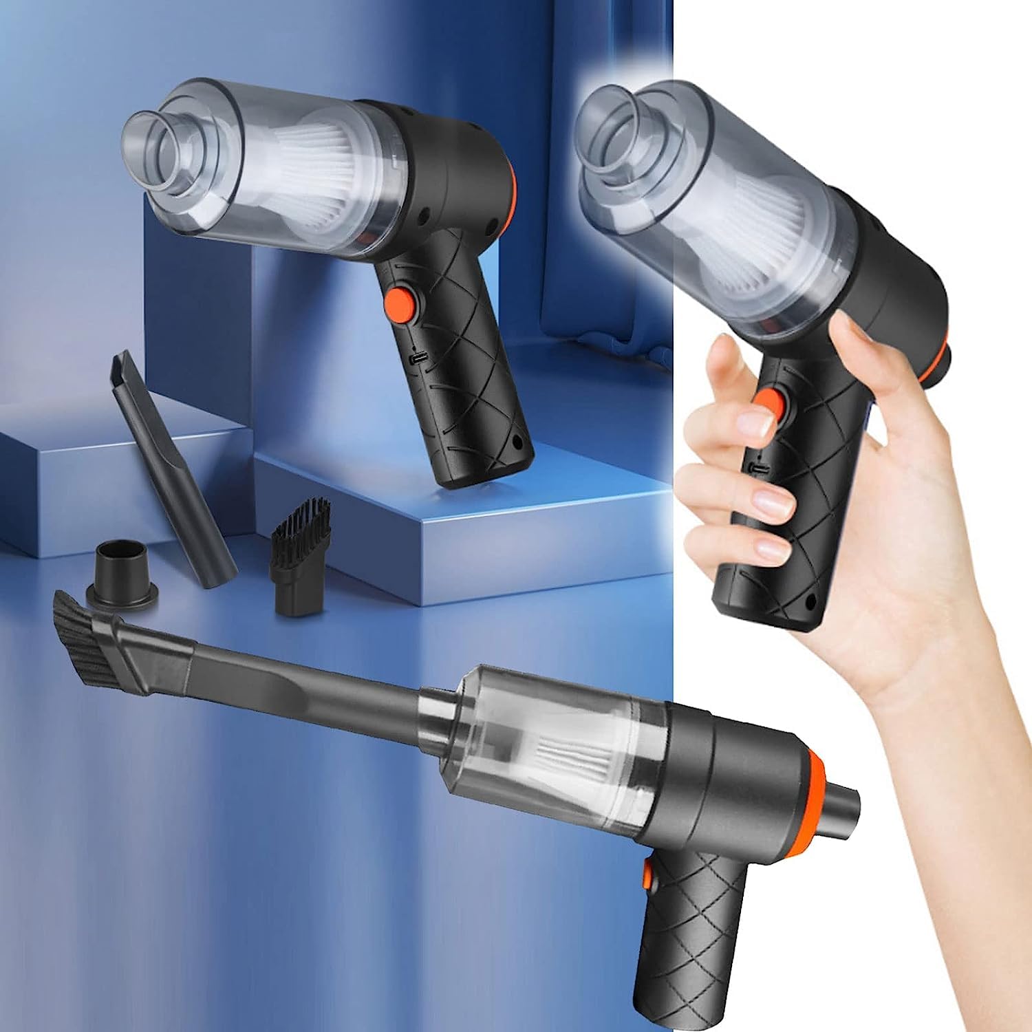 Informational graphic detailing the features and specifications of the dual-use vacuum cleaner.