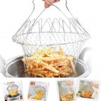 Stainless steel foldable strainer basket being used to drain freshly cooked pasta.