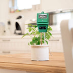 Detailed view of the soil pH meter's long probe, ready for testing garden soil.