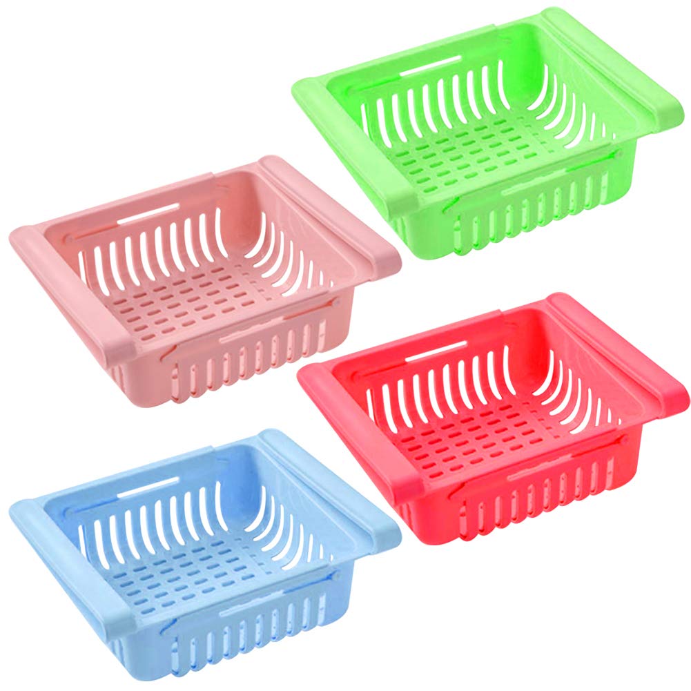 Organivo's multi-color adjustable fridge baskets displayed as a complete set.
