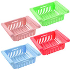 Organivo's multi-color adjustable fridge baskets displayed as a complete set.