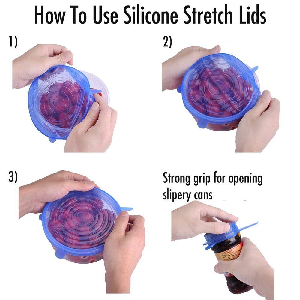Flexible silicone covers being applied to a food container for airtight storage.