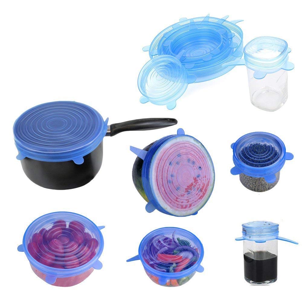 Variety of multi-size reusable silicone lids covering different kitchenware.