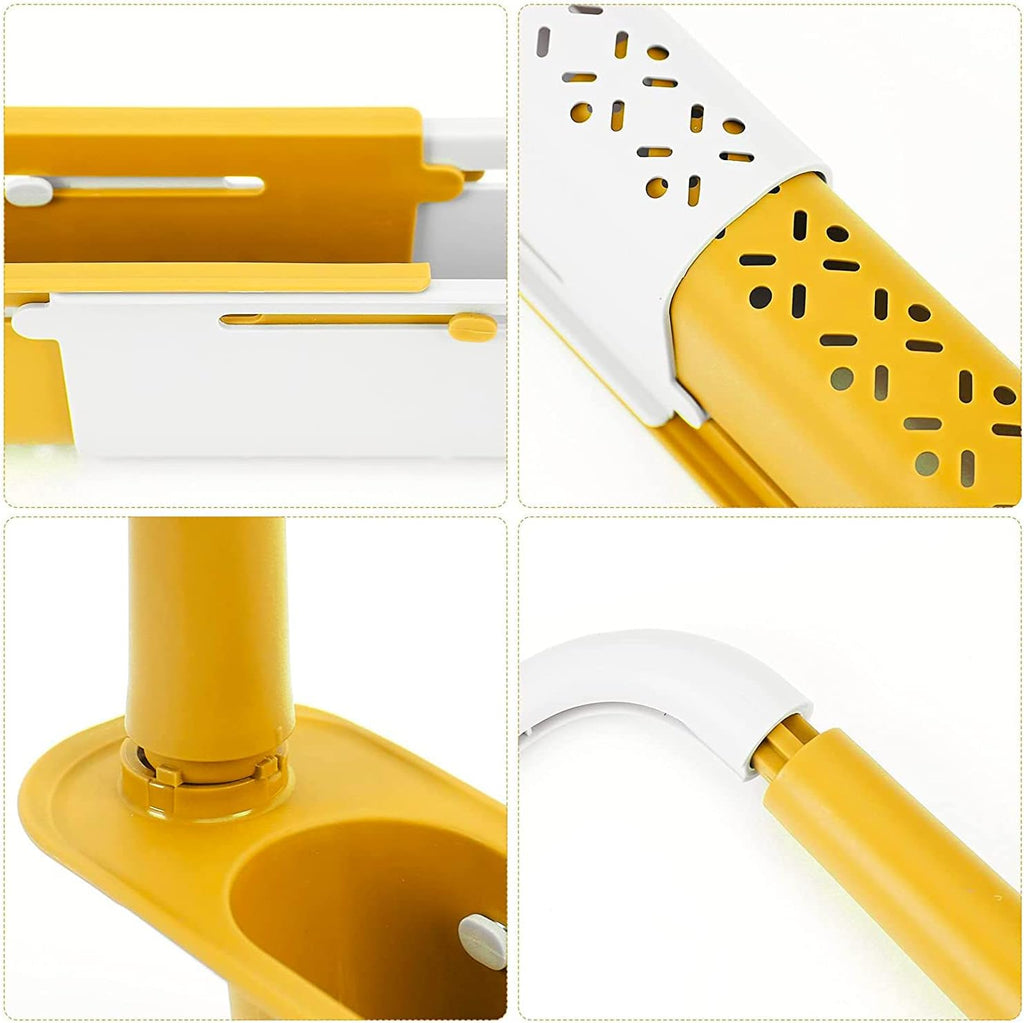 Overhead view of the sink rack containing various kitchen cleaning tools and accessories.