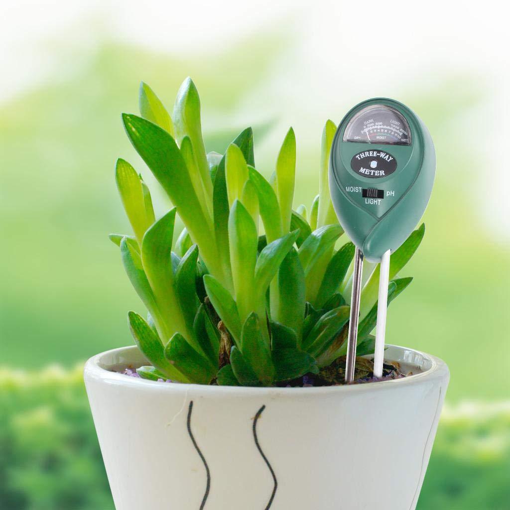Soil tester inserted into a potted plant, showing readings for moisture, pH, and light.