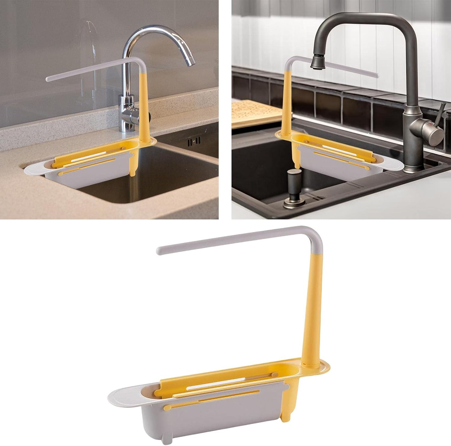 A telescopic sink organizer positioned under a running faucet, showcasing its drainage capability.