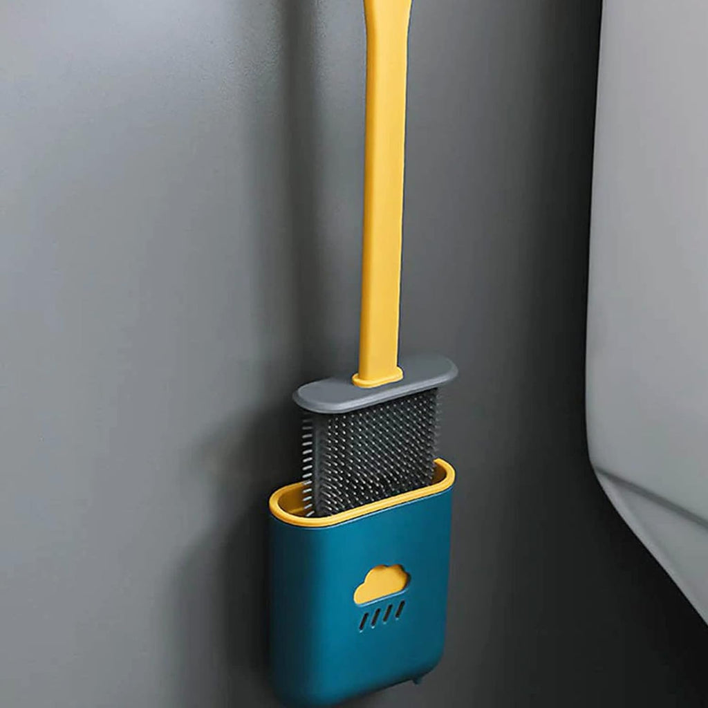 Flexible silicone bristle brush head for comprehensive toilet bowl cleaning.