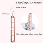 Versatile folding hanger with nine holes, demonstrating its compact storage capability.