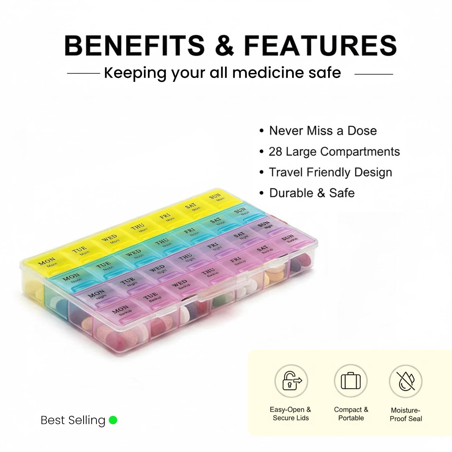 Side profile view of the compact weekly pill organizer, highlighting its slim design.