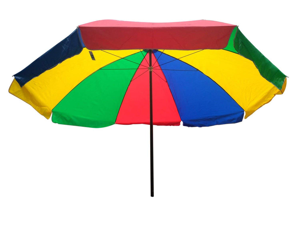 Lifestyle shot of the outdoor umbrella providing shade for people enjoying a garden party.