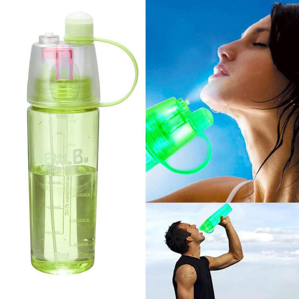 Refreshing 600ML spray bottle alongside fresh fruits, promoting healthy hydration.