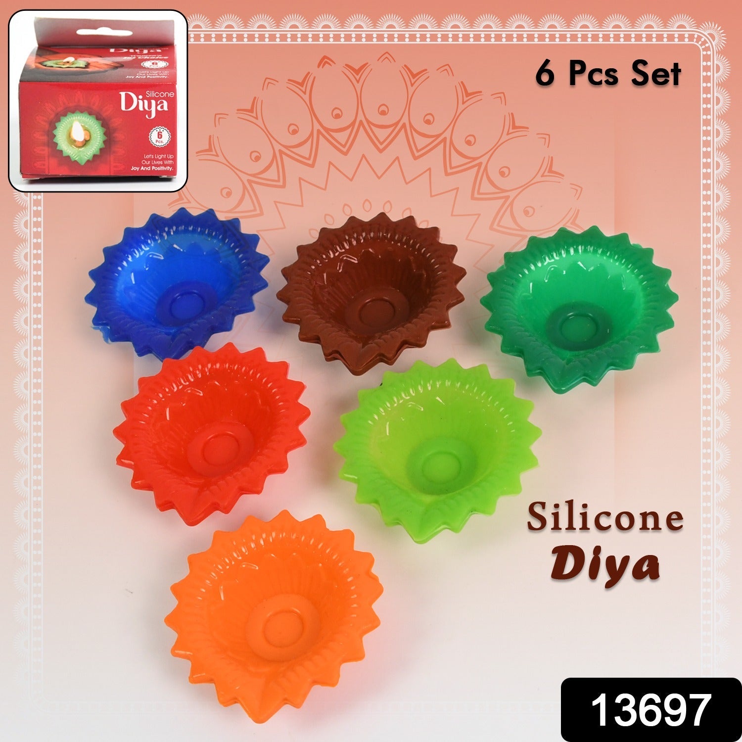 Close-up of a lit silicone diya, highlighting its vibrant colour and intricate design.