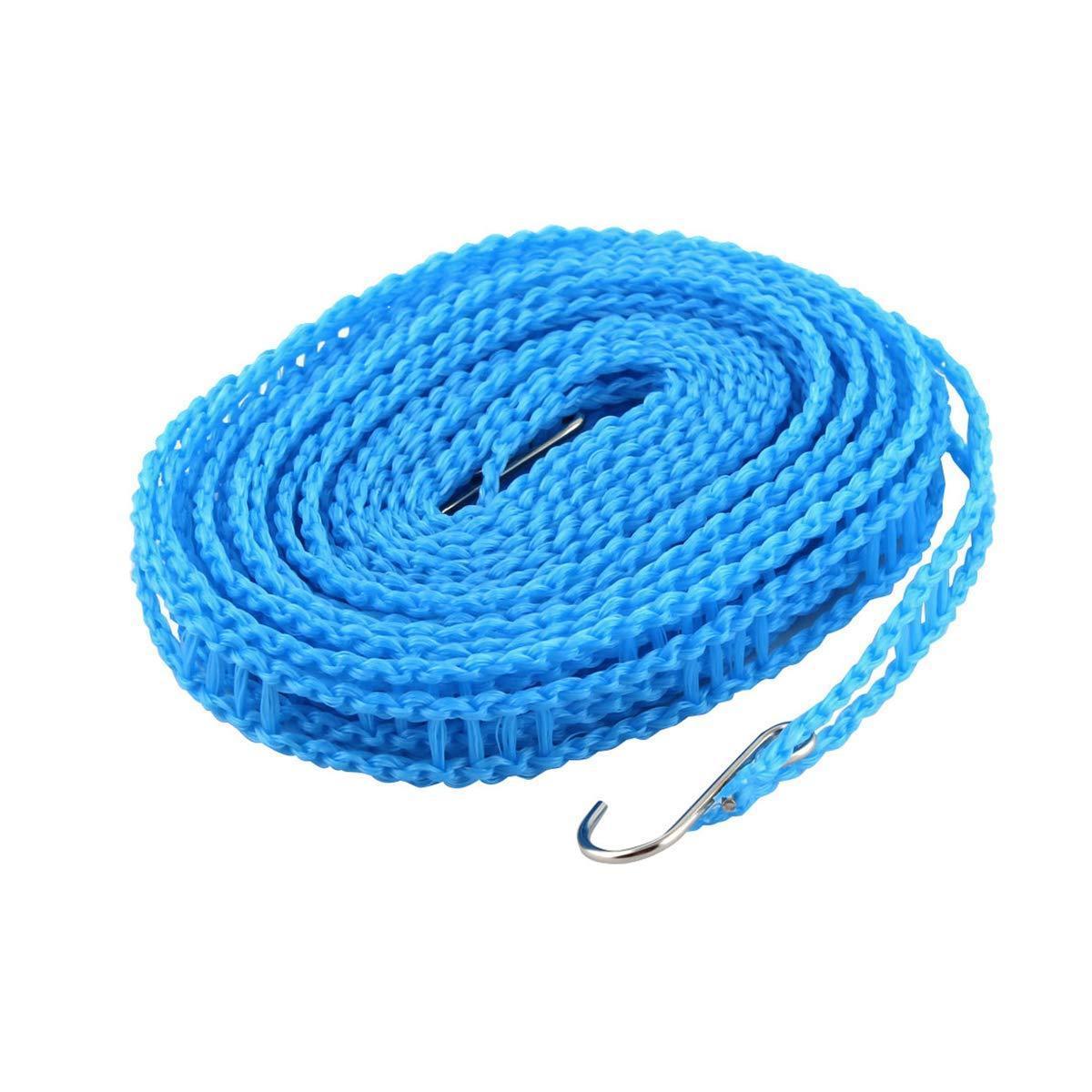 Close-up view of the durable nylon clothesline material and sturdy stainless steel hooks.