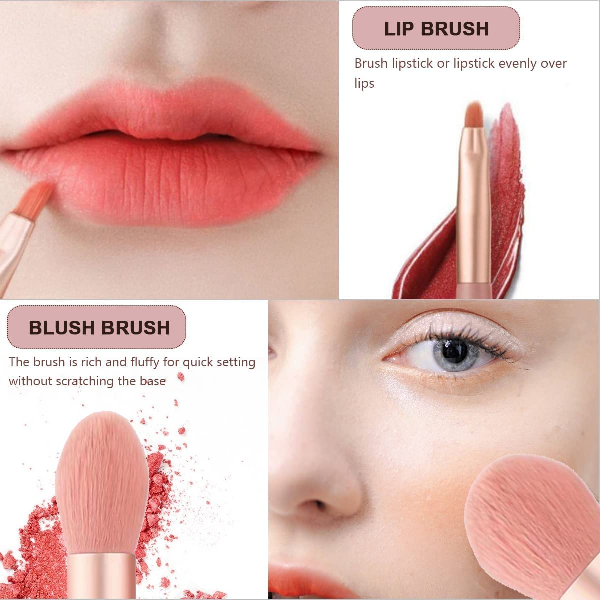 Close-up of the soft synthetic bristles on a foundation brush from the portable makeup brush set.