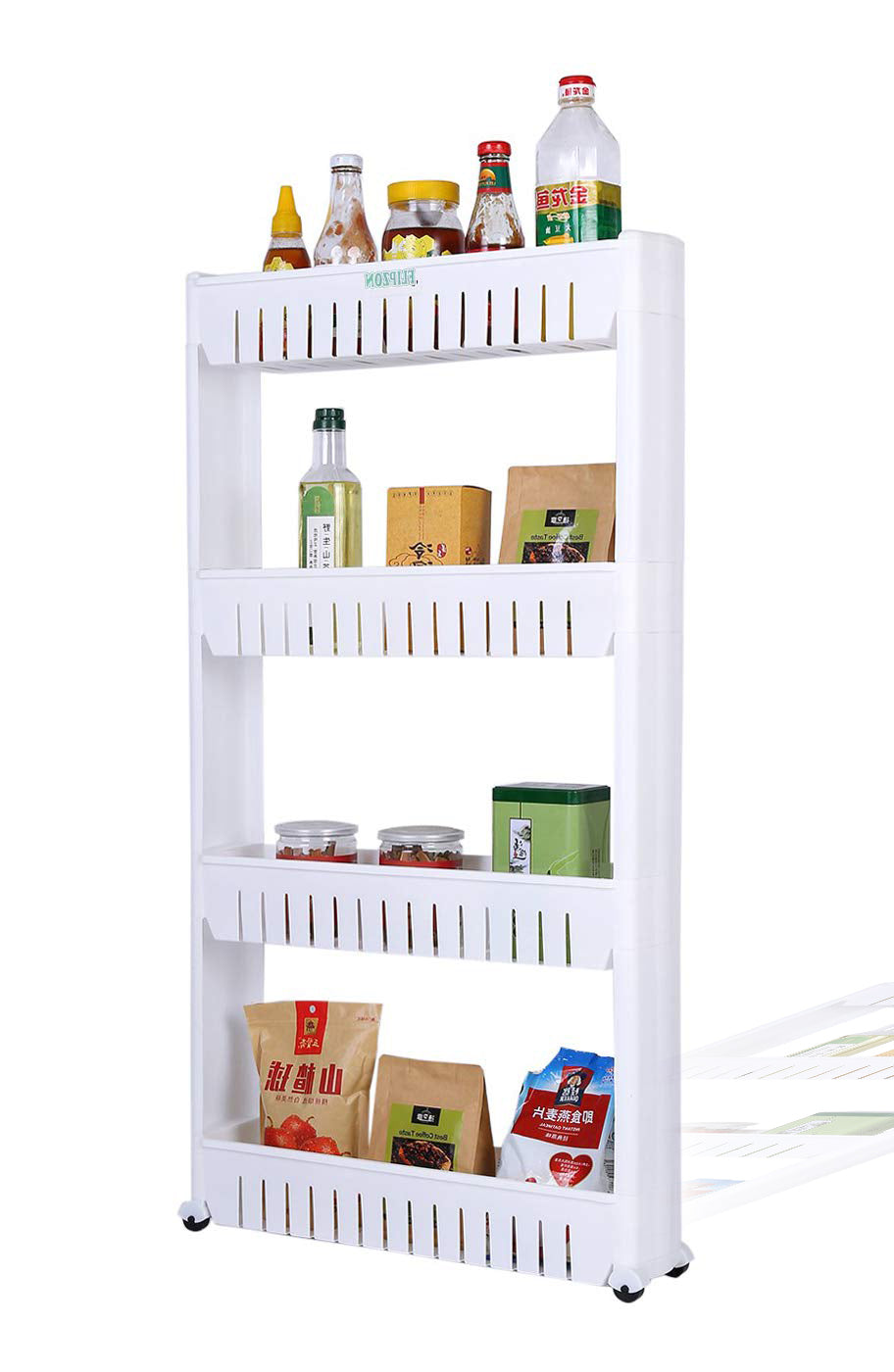 Space saving storage rack holding various kitchen essentials, demonstrating its utility.