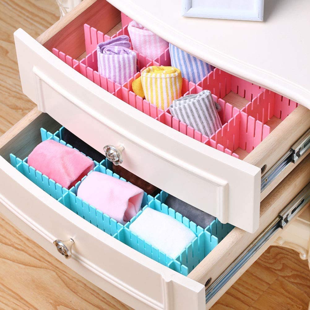 Organized bathroom drawer using adjustable storage grids for toiletries.