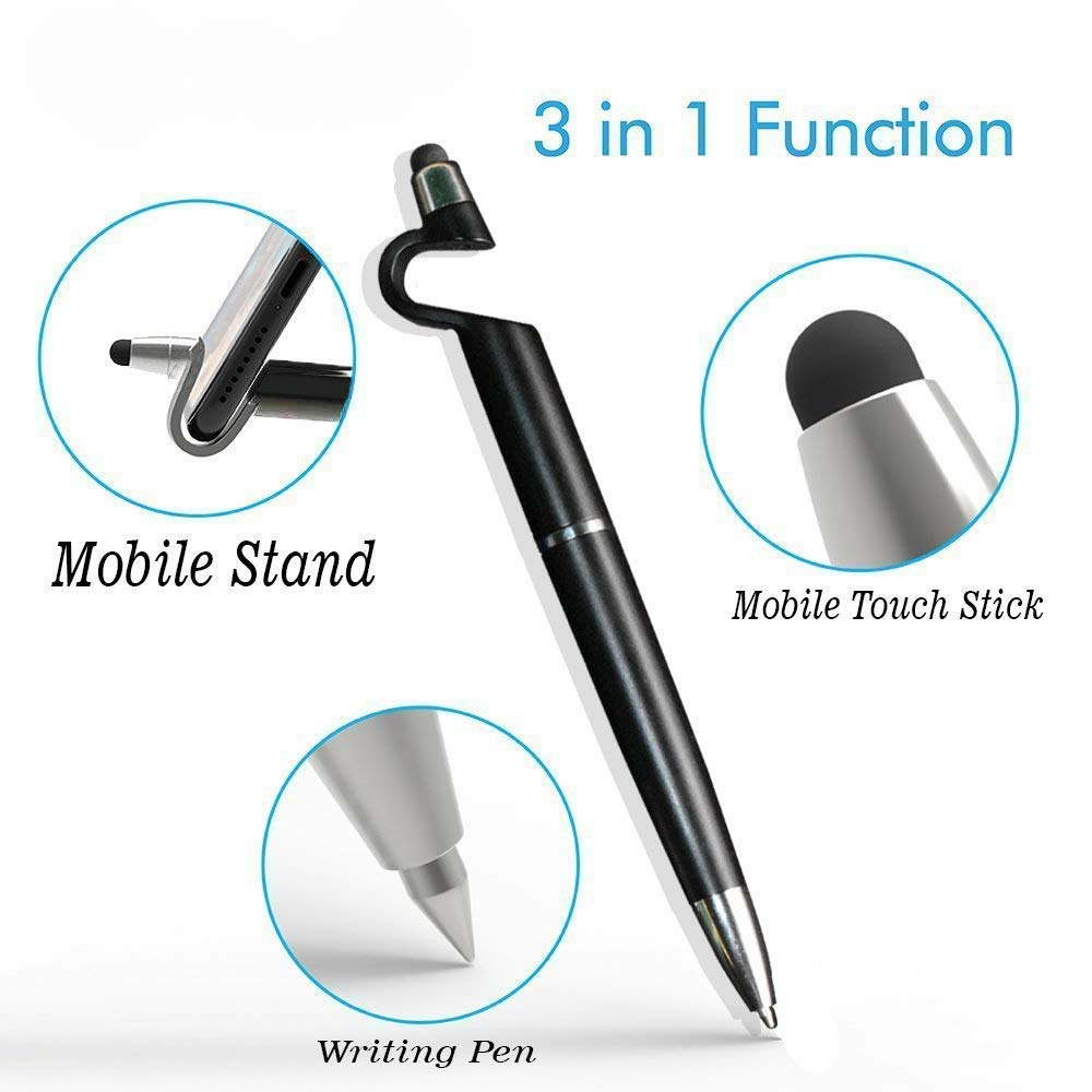 The 3-in-1 stylus pen with its retractable blue ink pen tip extended for writing.