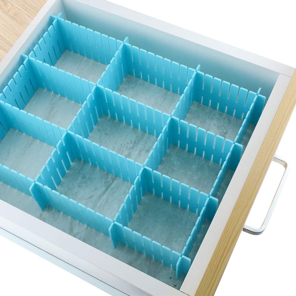 Kitchen drawer organized with the 6-piece adjustable dividers, holding cutlery.