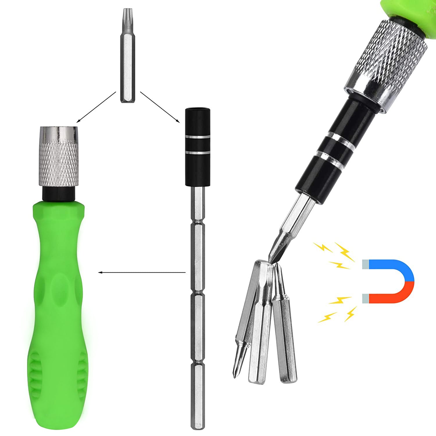 Mini screwdriver handle with an inserted bit and flexible rod in use.