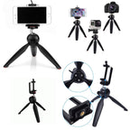 Mini tripod with a smartphone mounted, demonstrating its use as a stable phone stand.