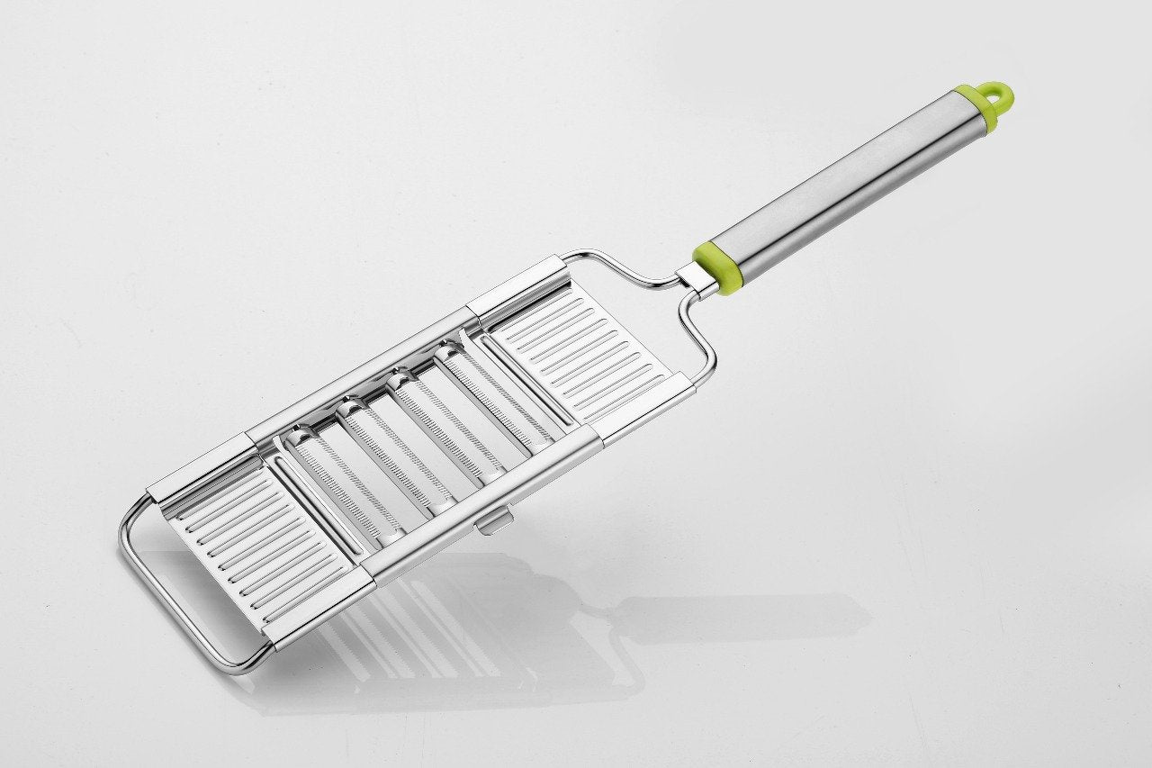 Multipurpose kitchen tool for slicing and grating various foods.