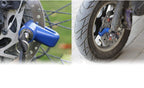 Easy-to-use disc lock securing a motorcycle's front wheel.