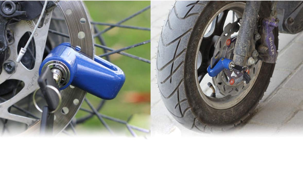 Easy-to-use disc lock securing a motorcycle's front wheel.