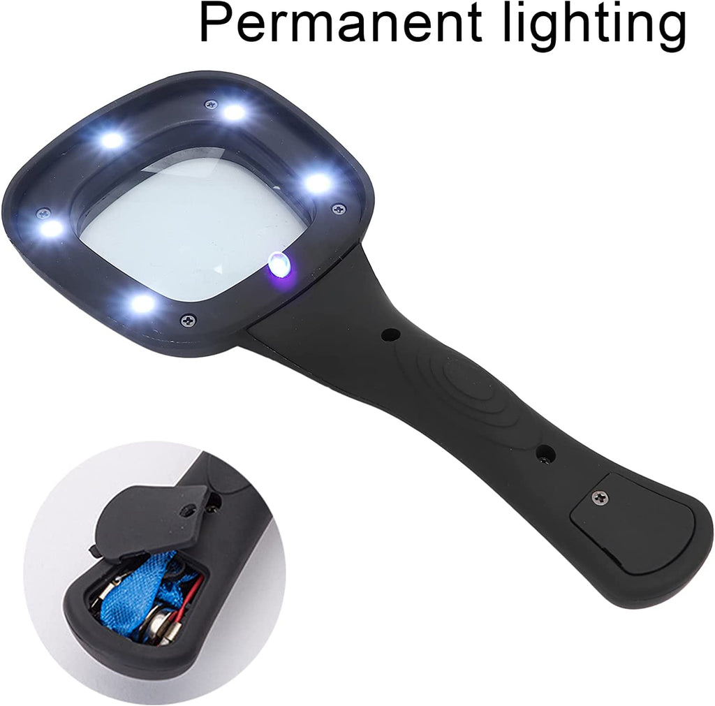 Close-up of the ergonomic handle of the handheld LED magnifying glass.