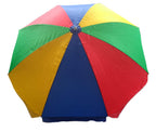 Another angle of the blue and white outdoor umbrella, emphasizing its broad coverage.