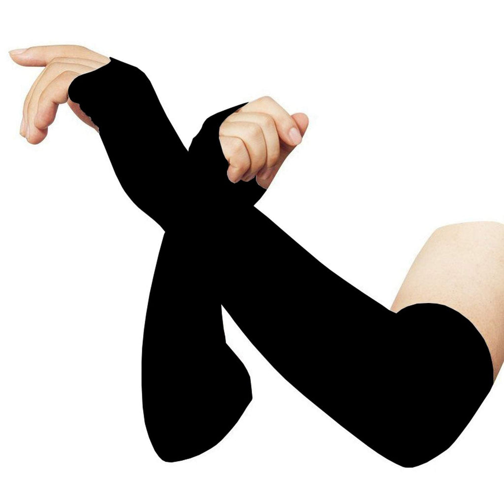 Person wearing black compression arm sleeves for sun protection during outdoor activity.