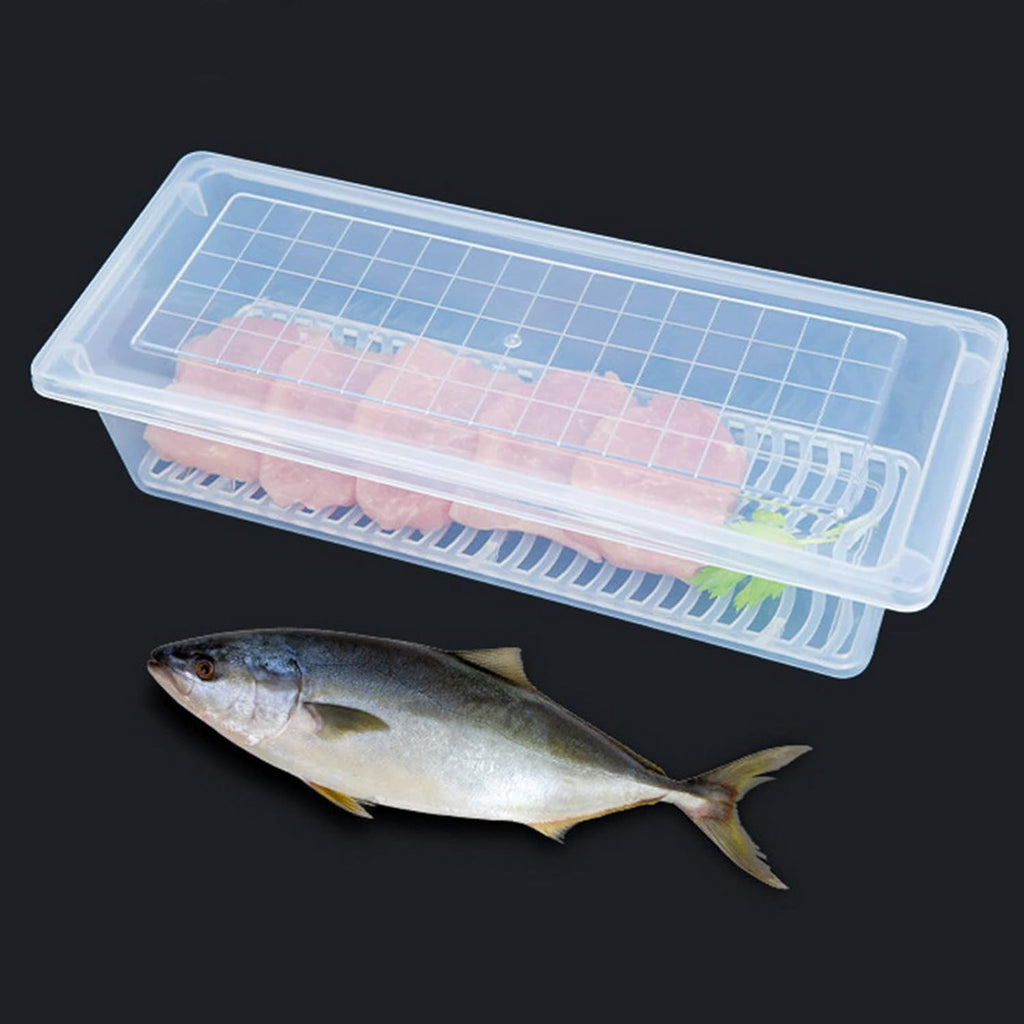 Transparent plastic food storage container with a blue lid and removable drain plate.