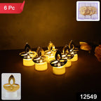 Set of six golden diya LED tealight candles for festive decoration