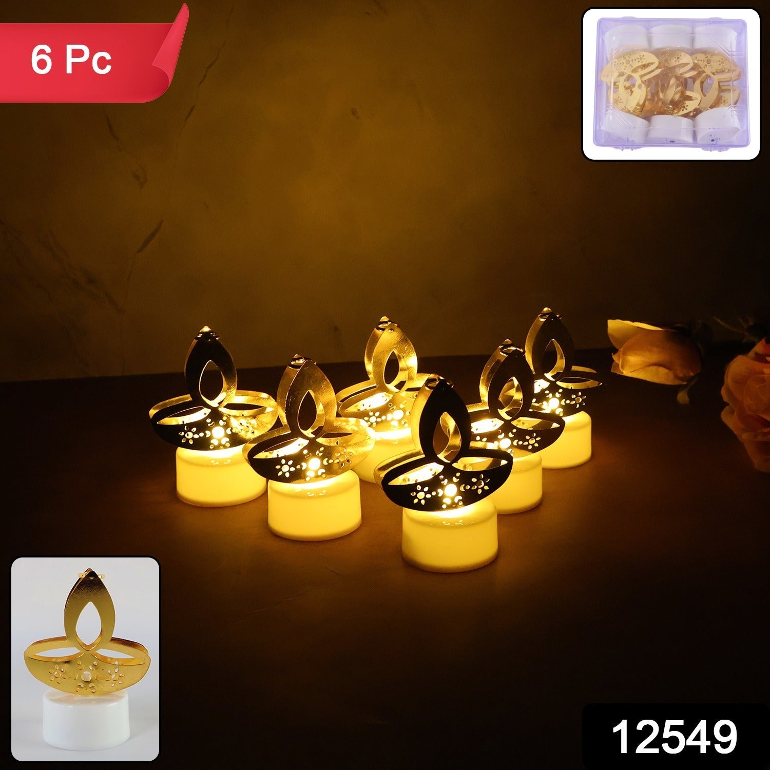 Set of six golden diya LED tealight candles for festive decoration